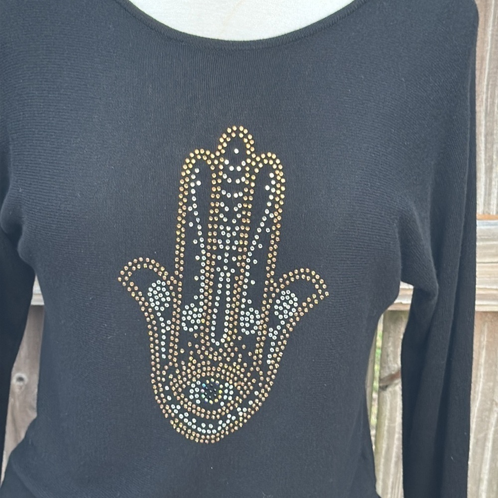 Rachel Zoe black cashmere blend sweater, bling hamsa hand, size small - Picture 3 of 6